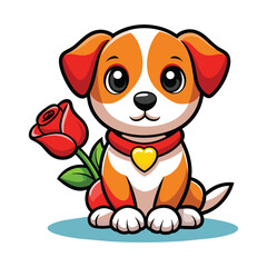 Obraz premium Cute Cartoon Puppy with Rose. Cartoon Valaentine's Day Dog on White.