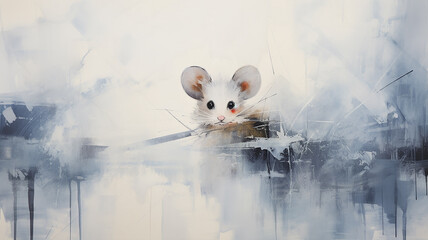 white mouse, spring art work painting in impressionism style, light background white and blue shade design, background copy space