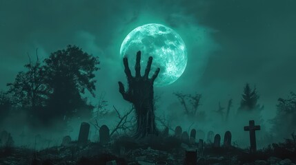 Naklejka premium spooky zombie hand background with a cemetery
