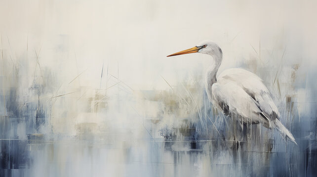 white heron, art work painting in impressionism style, stork on a light gray and blue background, abstract art background in oriental style