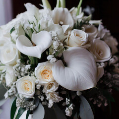 White roses and lilies bouquet on wedding