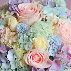 Obraz premium Delicate spring bouquet of pink peonies, chrysanthemums, roses, carnations and other flowers, bouquet and gift idea