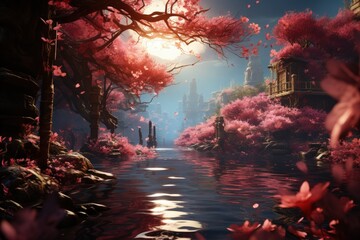 magical twilight over a serene cherry blossom river in an enchanted fantasy realm