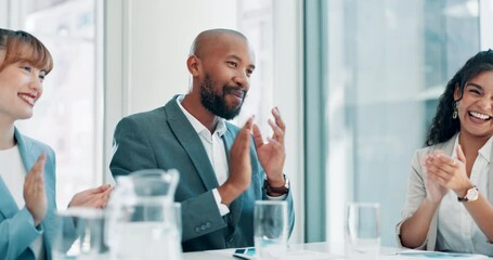 Handshake, celebration and business people in a meeting, promotion and teamwork with b2b deal and thank you. Staff, group and men with women or applause with partnership and cooperation with contract