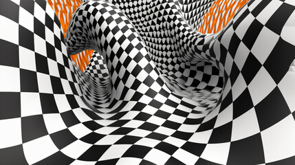 White and black twisted checker abstract background with optical illusion vector design. - obrazy, fototapety, plakaty