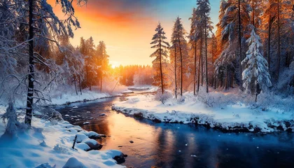 Poster Winter sunset over snowy forest and river landscape © Bounpaseuth
