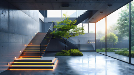 Fototapeta premium Modern and luxurious house interior with elegant design, featuring clean lines and contemporary architecture in a spacious living space
