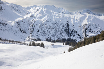 Winter in the pretty valley above the French Alpine village of Hauteleuce