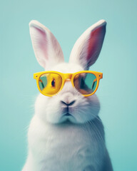 White bunny with yellow sun glasses looking up into the camera on a turquoise background. Minimal Easter concept