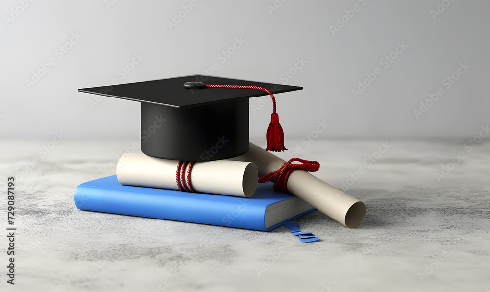 Wall mural Graduation hat with diploma and books on dark table against white background