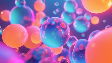 Abstract 3D fluid bubbles neon light color background.