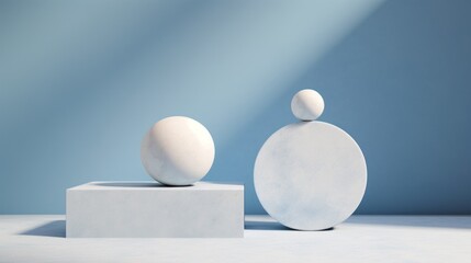 Close-up of a minimalistic white marble podium with geometric shapes, spheres on a blue background for a product demonstration with copy space.