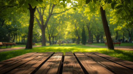 Naklejka na ściany i meble Serene city park scene with sunlit green trees and wooden benches, depicting peaceful outdoor relaxation or leisure concept