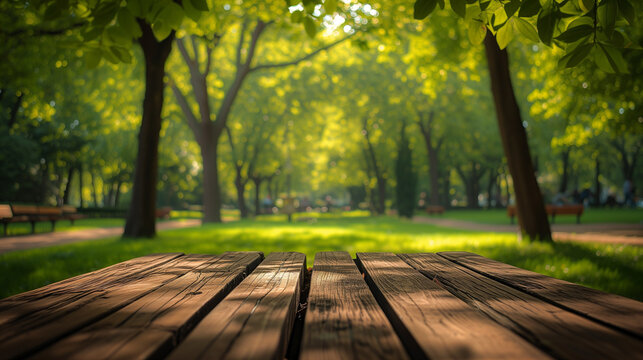 Serene city park scene with sunlit green trees and wooden benches, depicting peaceful outdoor relaxation or leisure concept