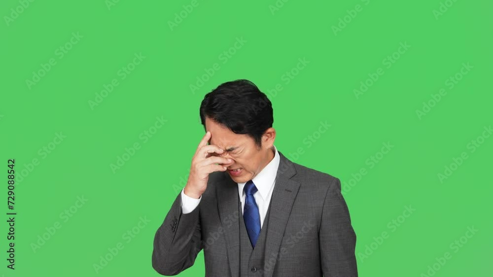 Aufkleber 失敗して落ち込む中年ビジネスマン　クロマキー合成用グリーンバック
