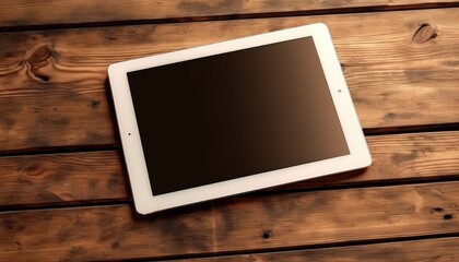 Top view with perspective of white tablet with blank black screen on brown wooden surface. Generative AI.