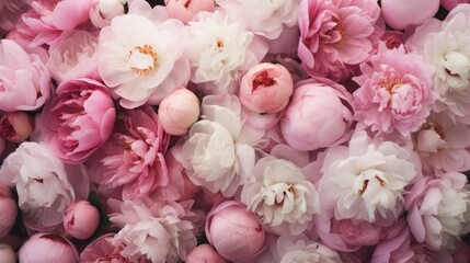 Beautiful background of fresh pink peonies in full bloom, close-up, top view. The concept of a happy Mother's Day, birthday or Valentine's Day greeting card.