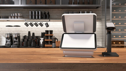 White modern blank screen of digital cash register, touchscreen tablet, barcode scanner on luxury wooden cafe counter for contactless payment technology background 3D