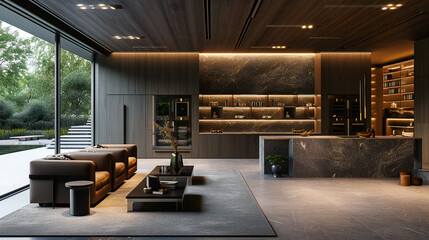 Modern and luxurious interior design with contemporary decor, featuring elegant furniture and a sophisticated style in a spacious hotel lobby