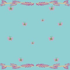 Fototapeta na wymiar Seamless pattern butterfly butterfly on light blue pastel border background with leaf frame,pattern design concept for fabric home decoration,curtain,scarf,motifs indian blouse design.