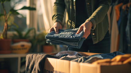 person is sorting through various clothing items with a donation box