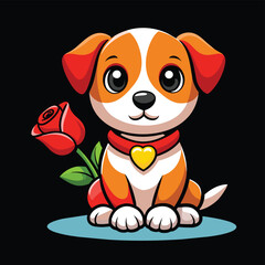 Obraz premium Cute Cartoon Puppy with Rose. Cartoon Valaentine's Day Dog on Black. 