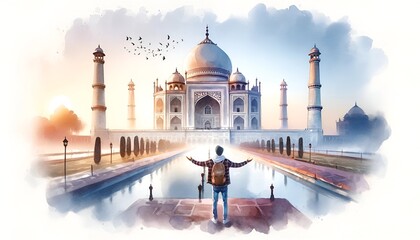 Watercolor llustration of a man with open arms standing in front of a taj mahal. - obrazy, fototapety, plakaty
