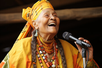 Elderly woman adorned in vibrant yellow outfit, passionately singing into microphone, her voice...