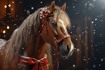 Majestic brown horse adorned with vibrant red ribbon around neck and bridle stands in snow