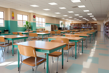 Vibrant classroom filled with rows of desks and chairs, creating a harmonious space for educational exploration.