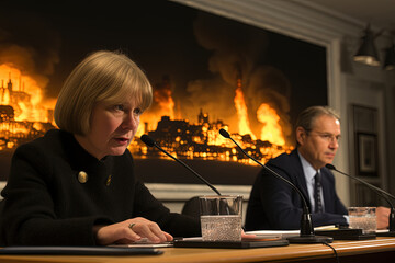 Crisis Address: Officials Respond to City Inferno in Evening Briefing. Official delivers urgent address against backdrop of blazing cityscape, indicating response to significant emergency event