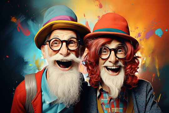Whimsical Portrait of a Joyful Elderly Couple Amidst a Vivid Color Explosion