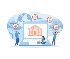 Online Internet banking concept. Bank employers help to carry out online payment and savings transactions around the world. flat vector modern illustration 