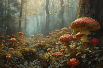 Fictional red fly agarics growing in the forest - obrazy, fototapety, plakaty