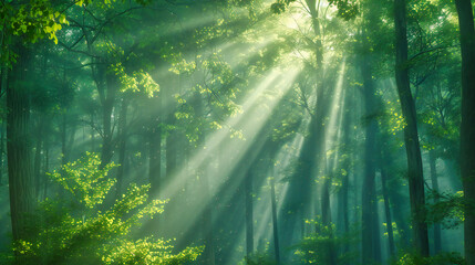 Sunlit forest with vibrant green trees, creating a magical and serene landscape with sunbeams piercing through the foliage in a peaceful natural setting