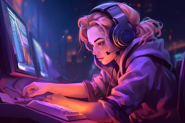 E-sport gaming player teams with illustration art and speed light stlye.competition and strategy for success.stream technology. generative AI.