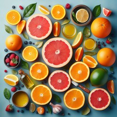 citrus fruits, oranges, grapefruit on a blue background