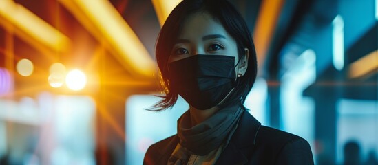 Person wearing professional attire and a face covering, gazing towards the camera.