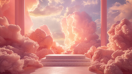 A basic platform is shown in a 3D depiction set against a background of soft, puffy clouds the color of peach fuzz.
