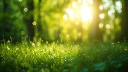 Obraz premium Defocused green trees in forest or park with wild grass and sun beams. Beautiful summer spring natural background. 