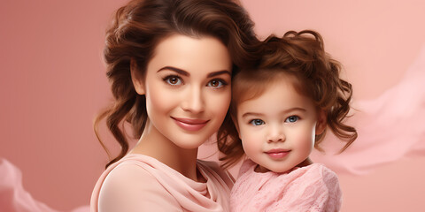 Portrait of beautiful young mother with cute little daughter on pink background
