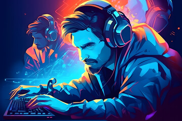 E-sport gaming player teams with illustration art and speed light stlye.competition and strategy for success.stream technology. generative AI.