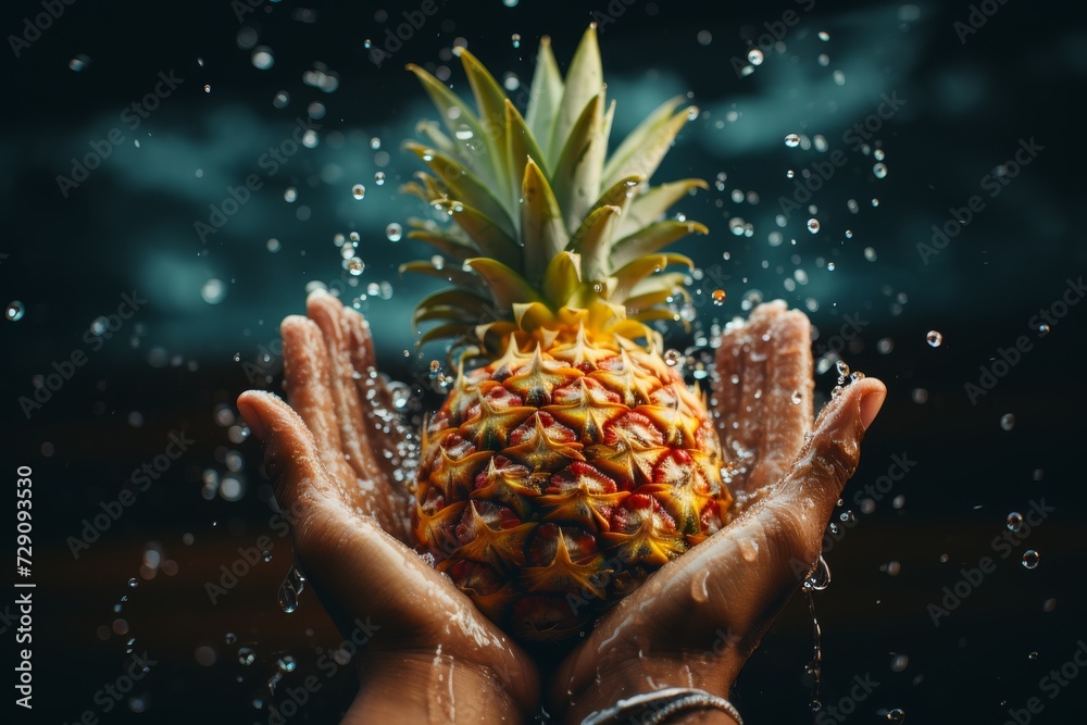 Wall mural A fresh pineapple in his hands and water is pouring on it on a black background