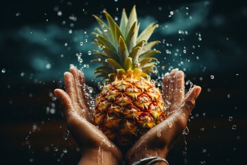 A fresh pineapple in his hands and water is pouring on it on a black background - obrazy, fototapety, plakaty