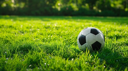 Soccer match on verdant field with monochrome ball.