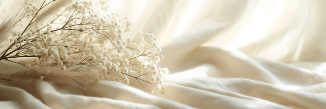 Soft-focus image of delicate baby's breath flowers on a white fabric background, evoking a tranquil and dreamy ambiance, suitable for weddings or romantic concepts