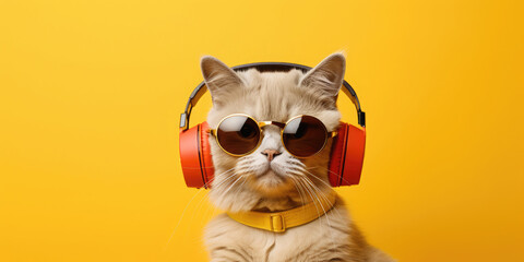 Beautiful fluffy cat wearing glasses and headphones on a yellow background. Banner. ?opy space for text