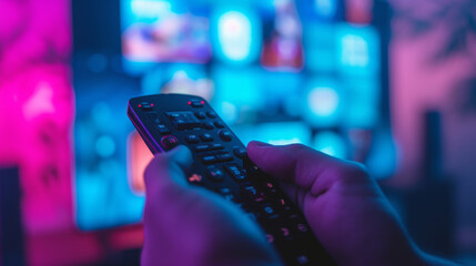 close-up view of a hand holding a television remote control with a blurred television screen in the background, displaying colorful images. - obrazy, fototapety, plakaty