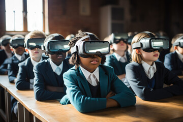 Schoolchildren, students in a classroom wearing virtual reality glasses. The concept of education with new technologies. Virtual reality simulator, wireless technology