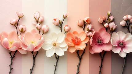 An elegant gradient background with a sequence of blooming magnolia flowers transitioning from white to pink, symbolizing spring or renewal